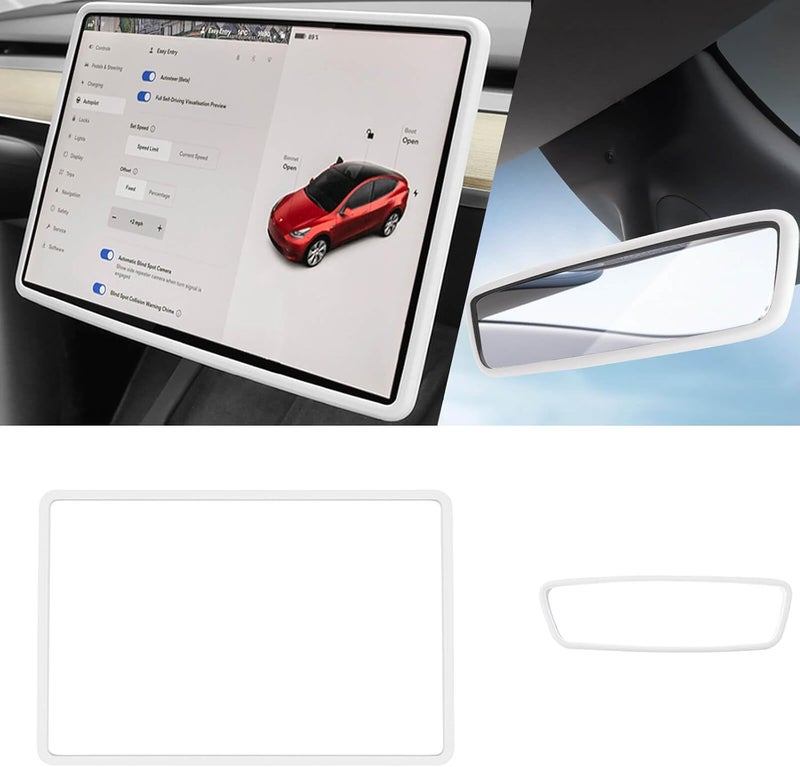 Yeapop 2Pcs Silicone Protector Frames of Screen and Rear View Mirror for Tesla Model 3 2017-2023 and Model Y 2019-Feb.2025. (White) - Image 1